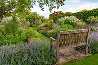 Bench surrounded b in the Mixed Herbs and Perennial Garden at Town Place in Sussex, UK. Planting includes Lavender Valerian Salvia Artenesia Cephalaria gigantea, Nepeta 'Walkers Low' - catmint