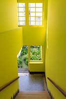 The courtyard garden at Droog, Amsterdam, The Netherlands, seen from the bright yellow interior corridor. Designed and created in 2012 by Claude Pasquer and Corinne DÃ©troyat. 