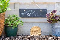 Hedgehog hole in fence gravel board, marked with sign