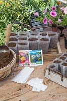 Materials and tools ready for sowing wildflowers in Bio pots. 