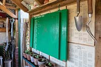 Garden Cottage at Gunwalloe in Cornwall. Cottage garden in autumn. The potting shed with pot size board.