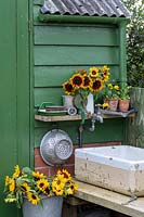Garden Cottage at Gunwalloe in Cornwall.  The potting shed area, with cut flowers