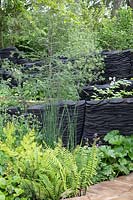 View of burnt oak structures representing rock formation and lush green planting. Garden: The M and G Garden. Sponsor: M and G Investments. Chelsea Flower Show 2019.