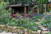 The Donkey Sanctuary: Donkeys Matter. Stone path leading to rocky garden. Colourful planting of alliums, lavander, Iris, Nepeta and geraniums around the well in raised bed with dry stone wall. Timber shelter area in the background. Sponsors: Donkey Sanctuary. Rhs Chelsea flower show 2019.