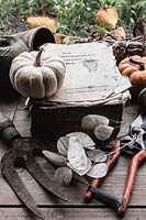 Old garden tools: raffia, clay pot, bypass secateurs, Winter Squash, Mr Middleton old gardening book and Lunaria annua - Honesty
