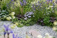 Border planting of Phlox divaricata 'Clouds of Perfume', Heuchera 'Obsidian', Pratia pedunculata and Lamium album beside broken slate path - The Viking Cruises Norse Garden - Designer: Sadie May Stowell - Sadie May Studios Ltd. Sponsor: Viking Cruises.