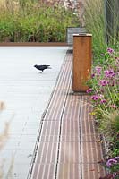 Corten steel ashtray and bird with Anemones in border.
