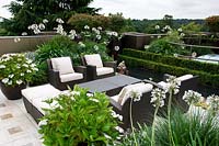 Contemporary urban roof garden with seating area and table, surrounded by containers of Agapanthus and Hydrangea. 