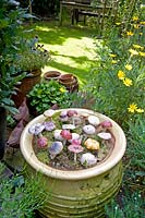 Ornamental, decorative mushrooms in planter 