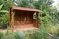 Cultivons Notre Paradis, Cultivating Our Paradise. Festival International des Jardins 2019, Domaine de Chaumont sur Loire, France. Wooden garden shelter.