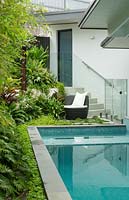 Detail of a swimming pool with an outdoor seat in a lush green garden with a variety plants.