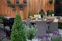 Contemporary outdoor living and dining space in the Tesco 'Every Little Helps' garden at BBC Gardener's World Live 2017