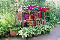 Colourful Greenhouse with coloured glass windows and Hostas in pots in front, Dalston Eastern Curve Garden, London Borough of Hackney.