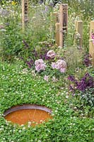 Bug hotels surrounded and water dish, flowering clover lawn  
The BBC Spring Watch Garden - RHS Hampton Court Festival  
Design: Jo Thompson in consultation with Kate Bradbury