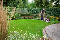 Mowing a lawn with a petrol lawnmower