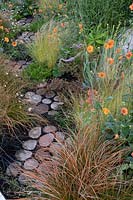 'Find Yourself Lost in the Moment' garden - RHS Chatsworth Flower Show 2019 - view of path showing pebbles surrounded by low growing plants.