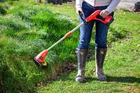 Rechargeable grass strimmer for strimming long grass. 