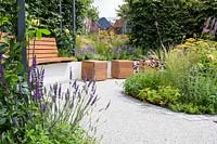 Movable seating boxes and planting with ornamental edibles and herbs - Crest Nicholson Livewell Garden -RHS Hampton Court  Palace Garden Festival 2019 