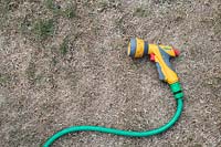 Dry brown parched grass in a summer heatwave with a hose pipe for watering the grass