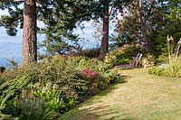 View down lawn towards Puget Sound. Small sitting area placed to take advantage of view. Borders planted wit collection of deer-resistant, drought tolerant plants