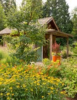 Cabin flanked by a deer-resistant country garden planted with a sweep of Rudbeckia fulgida var. sullivantii 'Goldsturm', accented by Acer griseum and tall orange container.