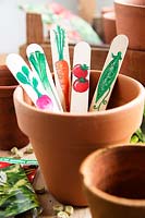 Decorated Ice lolly sticks as vegetable labels