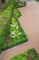 View from above of angular borders edged with cobbled granite and planted with woodland plants such as Hydrangea and Buxus