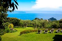 View over the garden to the Mediterranean Sea. 