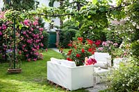 The living area surrounded by a mixture of roses in bloom. 