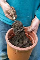 Gardener holding a trowel of homemade compost. 