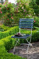 Blue chair with cut flowers of Rosa 'Rosarium Uetersen' and Rosa 'Plaisanterie', view of Buxus - Box - low hedging and Rose - Climbing Rose - over fence