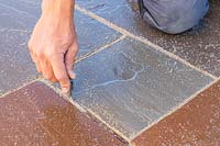 Man using a pointing tool to push pointing material into paving joints