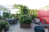Overview of decked roof garden with dining area under pergola and red partition, plant screens at boundary and planter with bold foliage