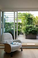 View of roof garden from inside the house, sliding glass doors to decked area divided by planter with an Edgeworthia, beyond a metal pergola with climbers 