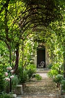 the part of the garden with the rose garden: among the many roses you can recognize Pierre de Ronsard, Madame Alfred Carriere, Gloire de Dijon