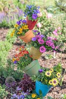 Rainbow pot tower adding height and colour to a bed