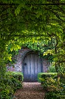 View through green tunnel covered in Wisteria to wall with arch fitted with wooden gate