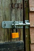 Padlock on shed door for garden security - Open Gardens Day, Grundisburgh, Suffolk