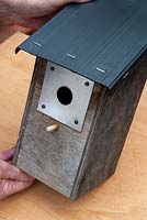 Repaired bird box with waterproof roof and metal entry plate