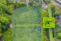  View over the Meadow. Blue flowers in meadow are Camassias. Bright green square is Carpinus betulus. Avenue of wooden columns with stainless stell globes.