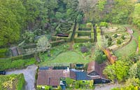  View over the South side of the garden and house. Image taken with drone. Veddw House Garden, Monmouthshire, Wales, UK. The garden has been created since1987 by garden writer Anne Wareham and her husband, photographer Charles Hawes.