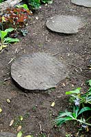 Tree trunk stepping stones with chicken wire.
