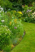 Grass path winding through herbaceous and shrub borders - Open Gardens Day, Earl Stonham, Suffolk