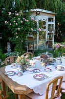 Outdoor table laid for afternoon tea with roses and shed in background 