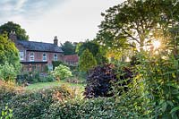 View of Bank House at sunrise from the roadside, with Clematis montana scrambling over the fence.