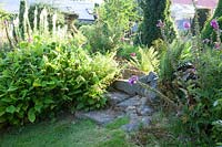 Stone steps in shaded cottage garden - Dyffryn Fernant, Wales