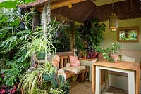 Jungle Hut constructed using recycled telegraph poles with cushioned benches, tables and decorative lamp. Plants surrounding the entrance include large leaved Paulownia tomentosa, Begonias, spider plants, Monstera deliciosa, Tillandsia usneoides and the staghorn fern, Platycerium bifurcatum