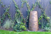 Large statement pot from Torc pots with metallic surface and evergreen climber Trachylospermum on wire trellis behind. 