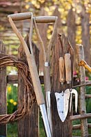 Garden tools showing wooden handles 