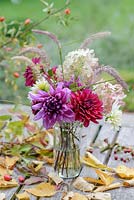 Autumn posie with Dahlias, Hydrangea paniculata and Fountain Grass - Pennisetum alopecuroides 'Hameln' in a glass jar with Birch leaves and hips